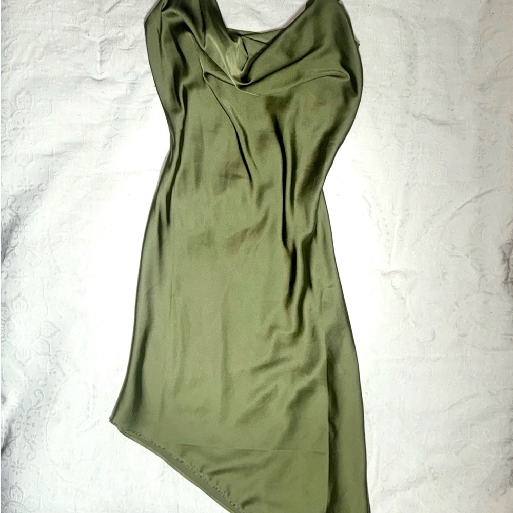 Olive Dreams: Sleek Satin Asymmetrical Slip Dress